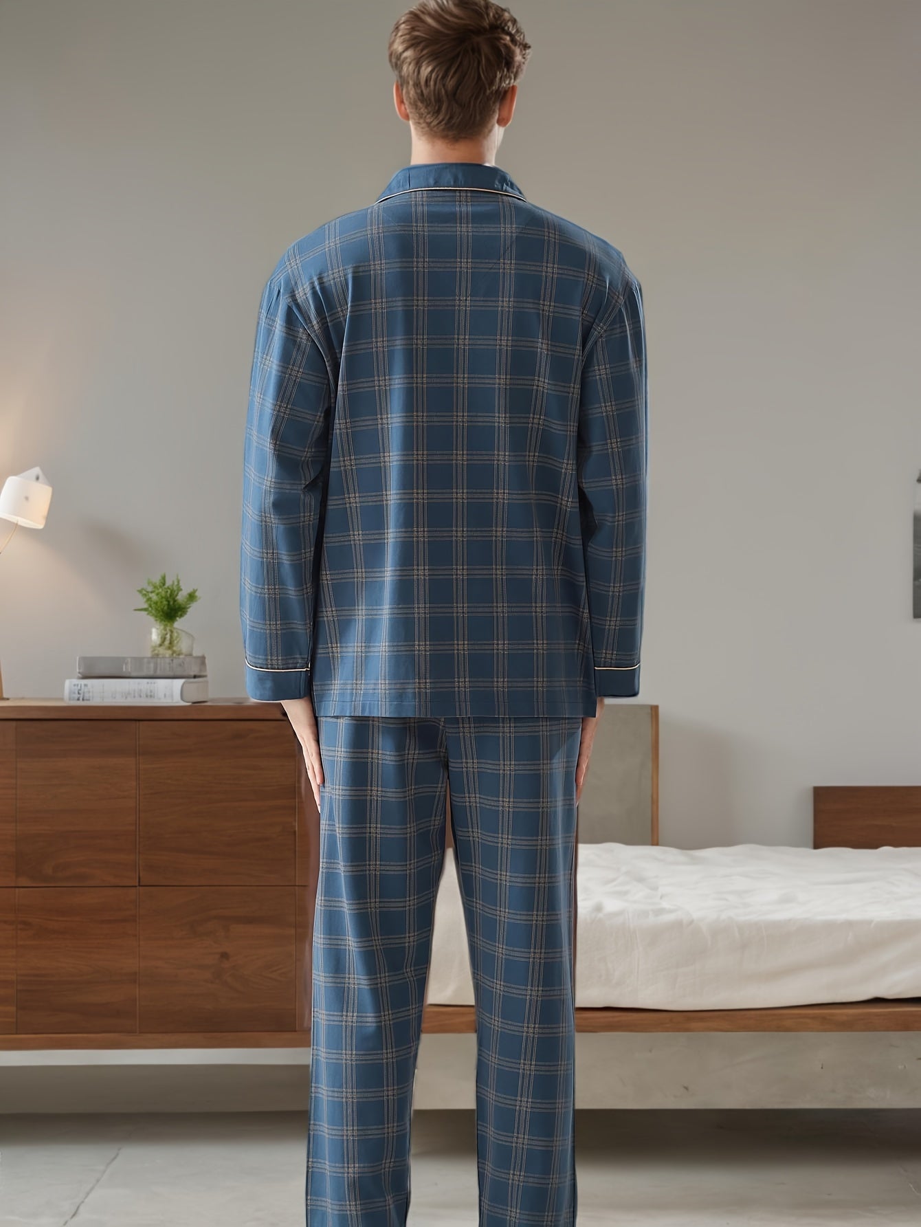 Men's spring and autumn two-piece pajamas with long sleeve trousers, cardigan, turnover collar, loose fit, casual plaid design for adults and youth.