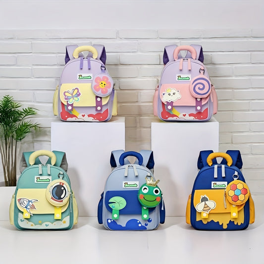 Trendy, colorful backpack with frog and flower astronaut print, zipper closure, adjustable strap, and pendant decor - perfect for travel and school.