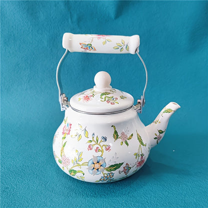 A stylish 1.5L enamel kettle, featuring an aromatic floral design and pear-shaped body. Safe for use on gas and induction cookers, perfect for brewing tea and making cold drinks. Includes a built-in strainer for easy use.