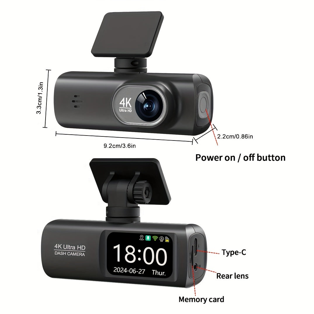 4K UHD front and 1080P rear dual dashcam with WiFi, hidden design, smart app control, super night vision, parking mode, G-sensor, loop recording, and free 32GB SD card.