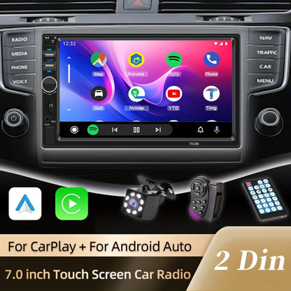 Car MP5 radio with CarPlay and AndroidAuto support, 7-inch HD touch screen, MirrorLink connection for phone mirroring, GPS navigation, wireless multimedia player, optional reverse camera