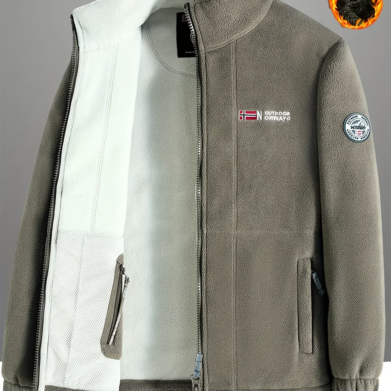 Men's casual fleece-lined jacket with stand collar, embroidery, zip-up cardigan, and warm knit fabric for fall/winter sports.