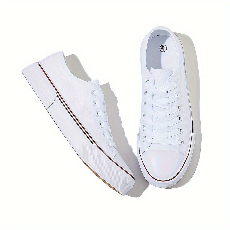 Women's casual canvas sneakers in solid color with plain toe, rubber lace-up design, machine washable fabric, and lightweight rubber sole. Suitable for all seasons.