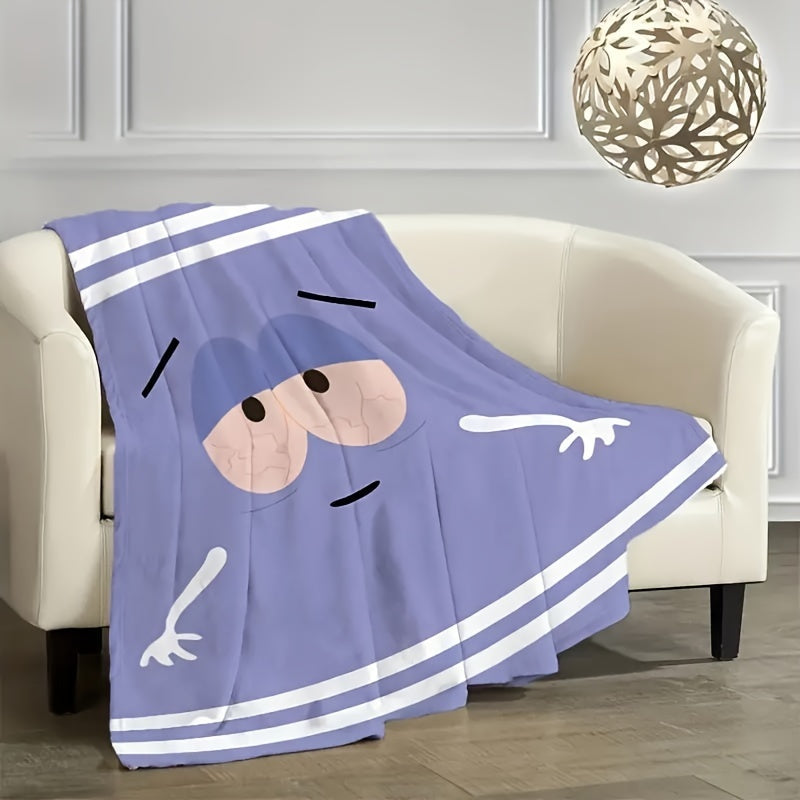 Flannel throw blanket featuring a modern purple anime character print - Perfect for year-round comfort, easy cleaning, and versatile use at home, school, picnics, and outdoor camping - Made from 100% lightweight polyester with a durable woven craft and