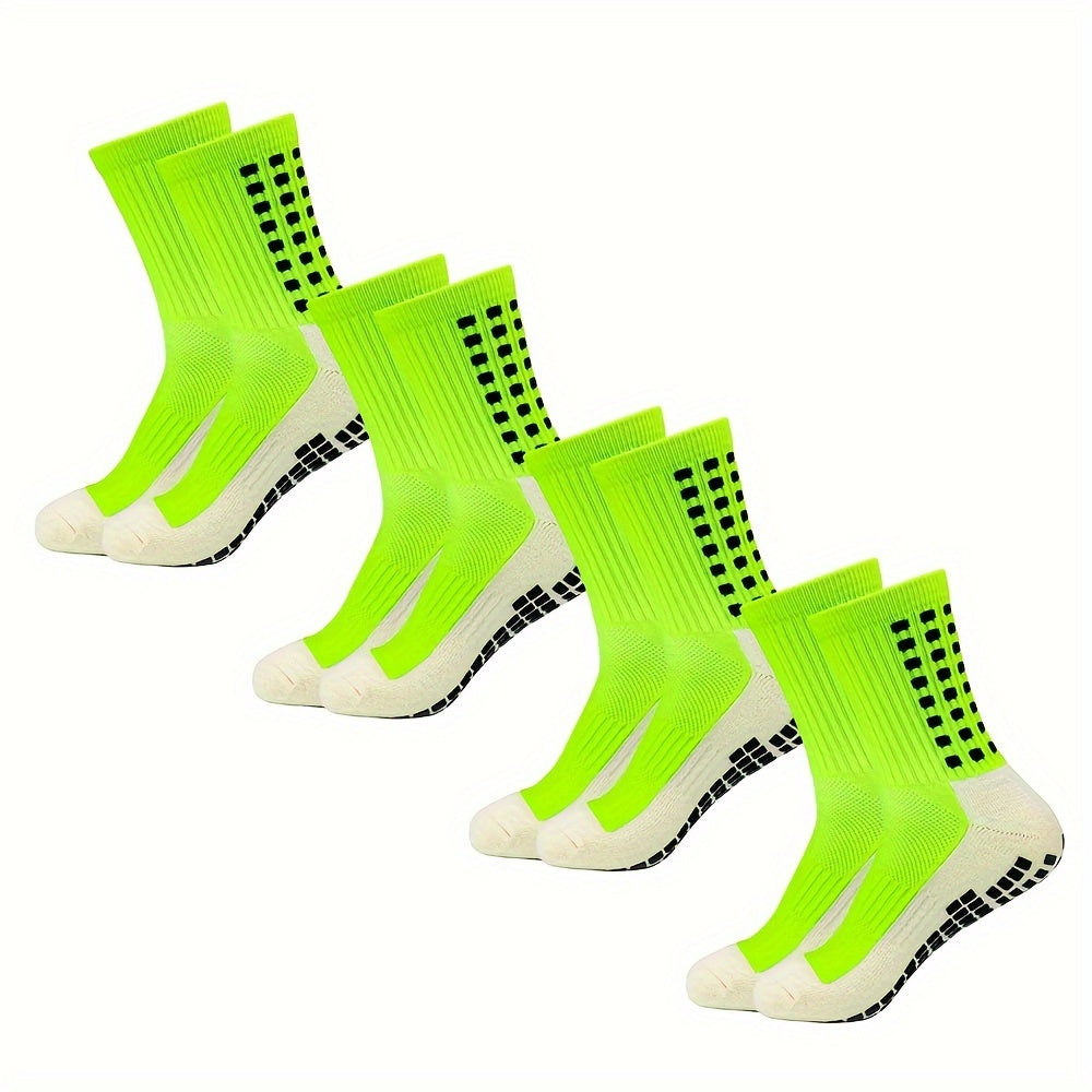 4 pairs of men's football socks made of knit polyester with terry bottom. Features include anti-smell, anti-slip, and wear-resistant properties. Machine washable and composed of 20% Spandex