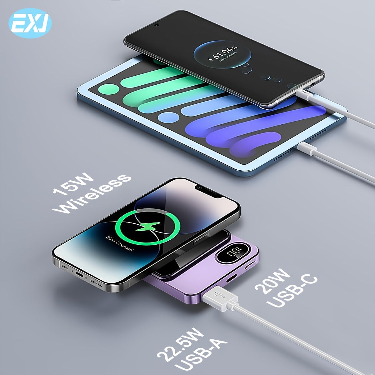 EXJ PD 22.5W Magnetic Power Bank, 10000mAh Wireless Portable Charger with USB-C Cable LED Display, Mag-Safe Battery Pack for iPhone 12 and newer, with fast charging.