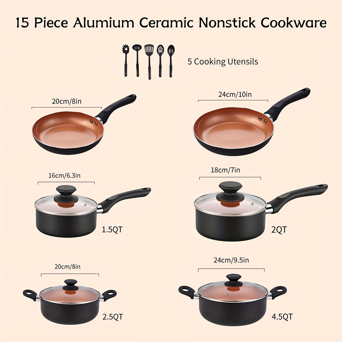 Nonstick Cookware Set of 10 or 15 Pieces, Made of Aluminum, Includes Kitchen Cooking Pots And Pans with Utensils, Features Durable Nonstick Coating, Free of PFOA & Cadmium