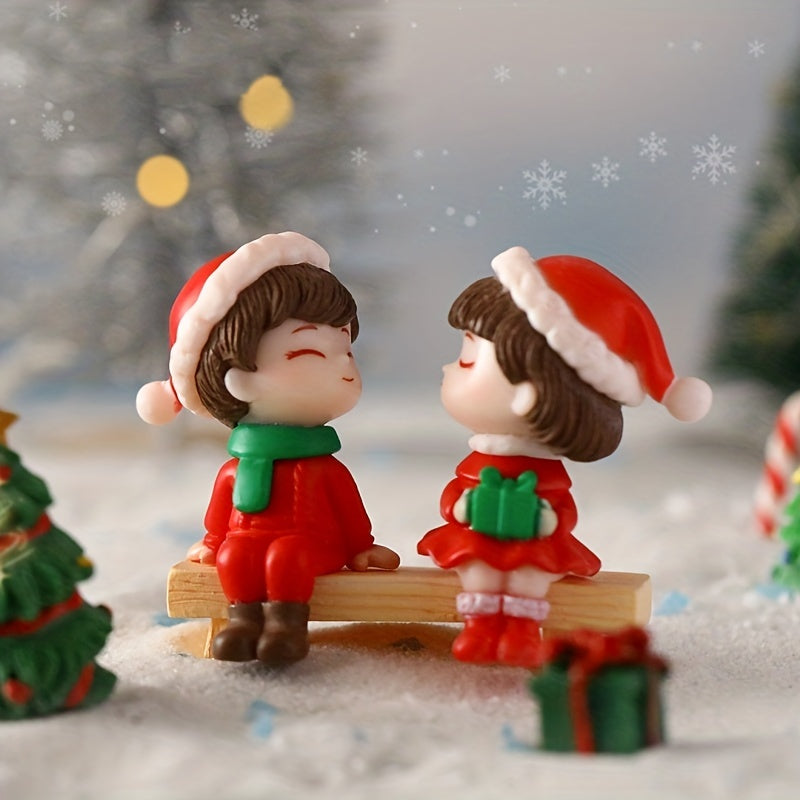 1 Set of Plastic Christmas Cartoon Couple Figurines - No Power Required, Tabletop Decor for Xmas Season