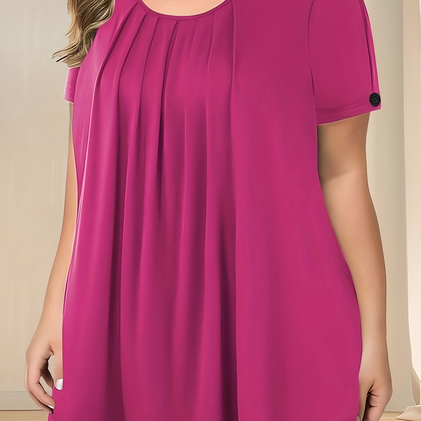 Pleated button detail T-shirt for plus size women, perfect for spring & summer.