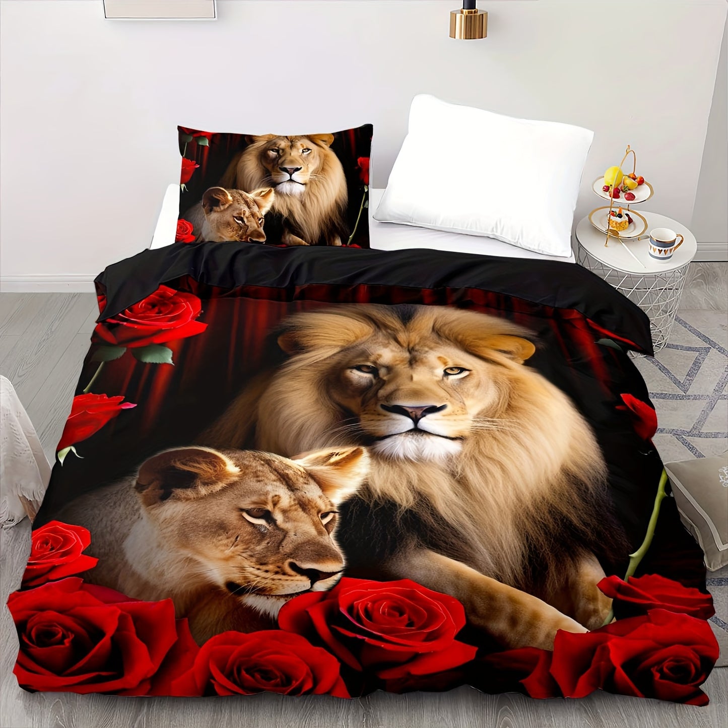 2/3pcs Duvet Cover Set, Soft and Comfortable featuring black lion duvet cover set in king size, lion twin bedding set for boys, 3d animal print duvet cover in queen size, and red rose queen