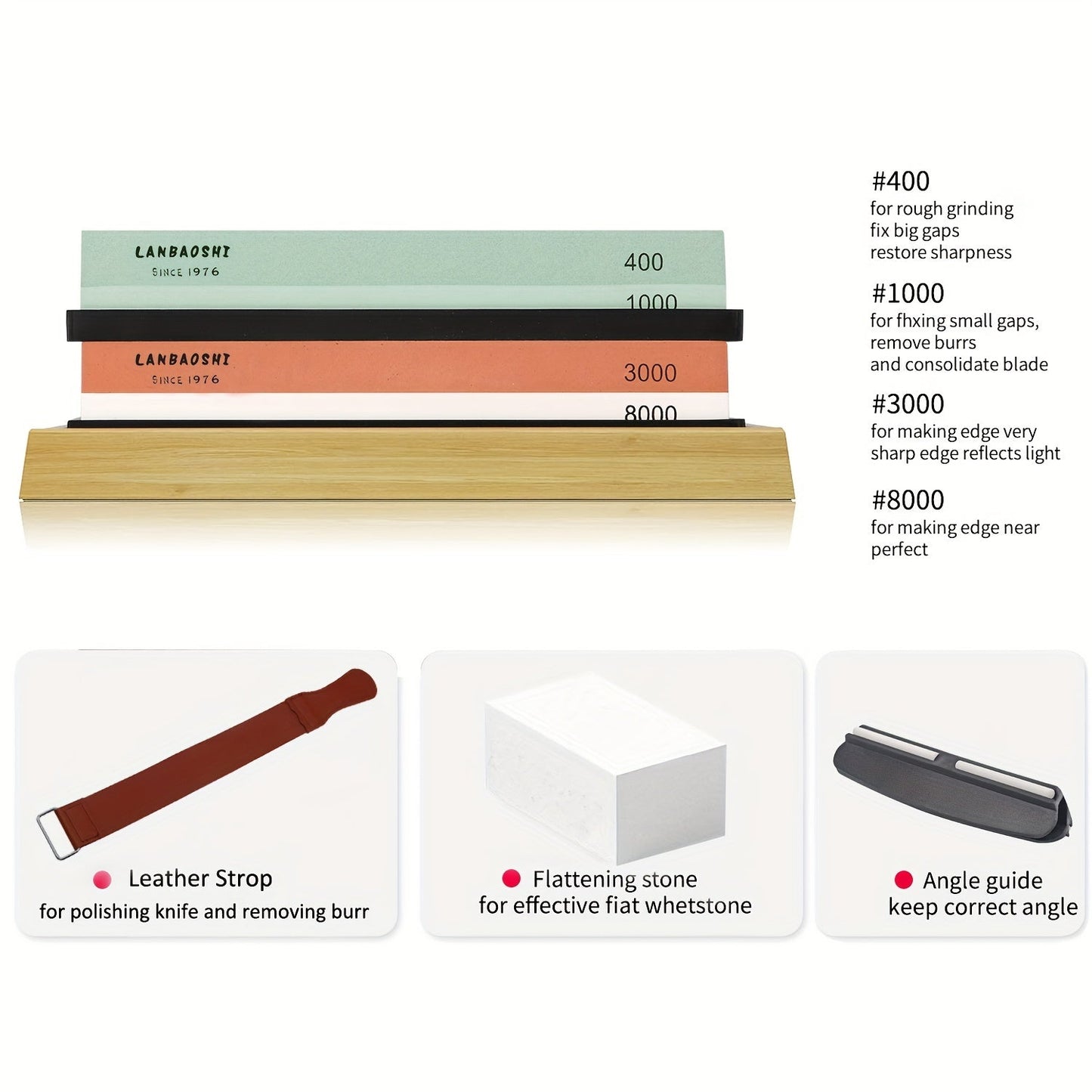 This professional knife sharpening stone set includes a whetstone sharpener kit with 4 side grits (400/1000 3000/8000), a non-slip bamboo base, a flattening stone, an angle guide, and a leather strop. It is the best choice for knife sharpening and a