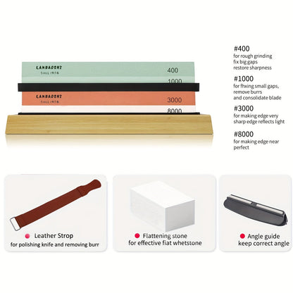 This professional knife sharpening stone set includes a whetstone sharpener kit with 4 side grits (400/1000 3000/8000), a non-slip bamboo base, a flattening stone, an angle guide, and a leather strop. It is the best choice for knife sharpening and a