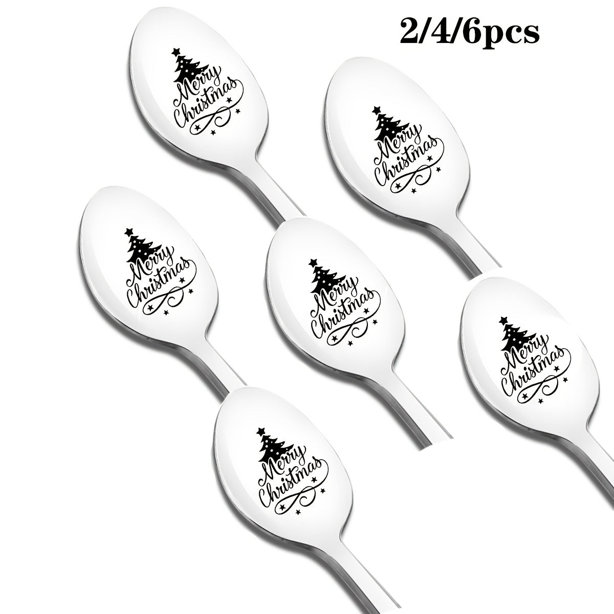 Stainless steel spoon set featuring laser-carved designs, ideal for gifting on birthdays and Christmas. Make the holidays special for Mom, Dad, and the whole family with these festive Merry Christmas tree themed spoons. Perfect for wives, husbands