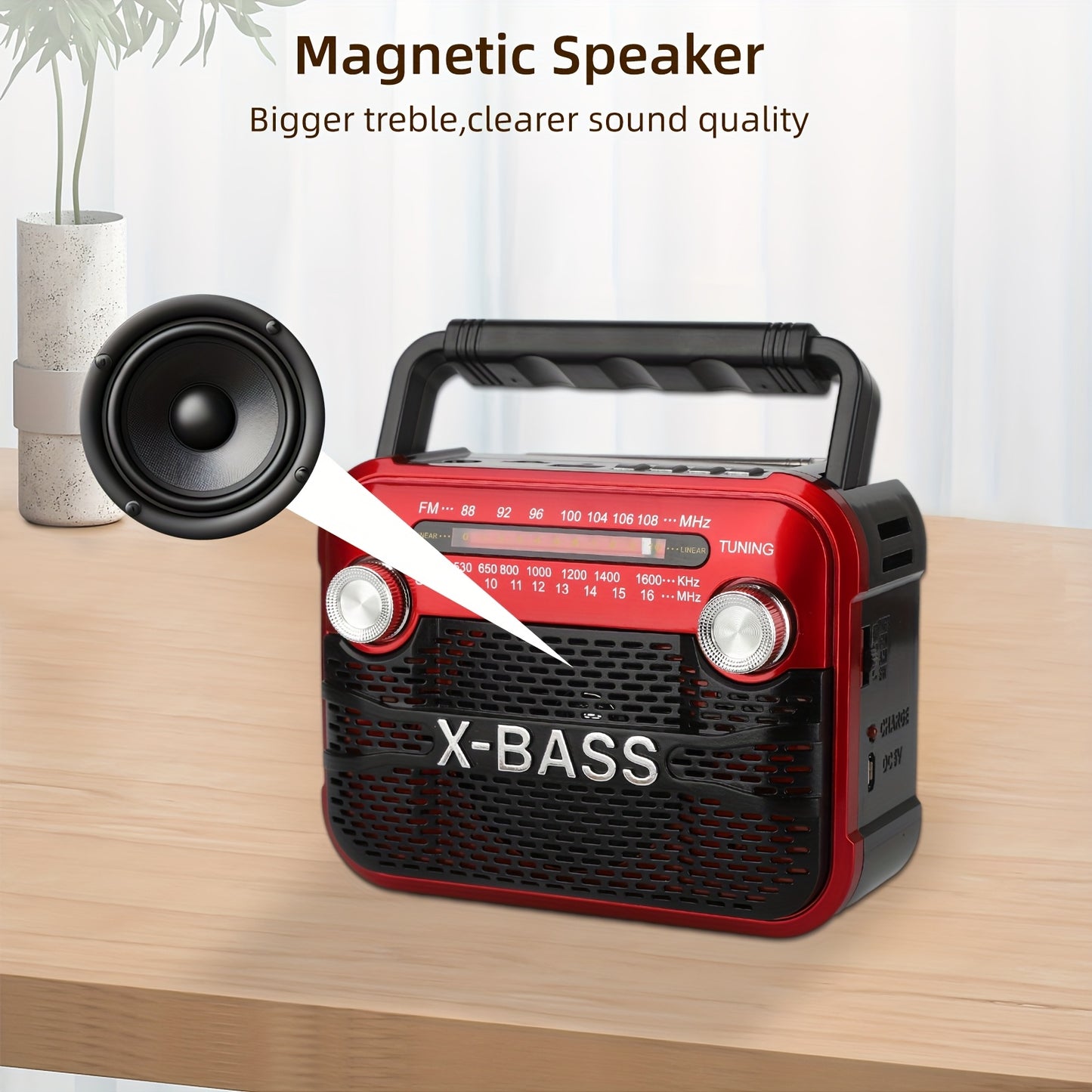 X-BASS Portable FM Radio with Flashlight - Rechargeable battery, multi-band, USB/TF/BT playback, 2-4 hour playtime, red & black, indoor/outdoor use.