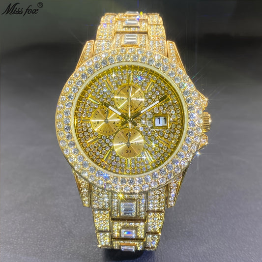 Luxurious men's MISSFOX dating watch with full diamond decoration on three small dials, featuring a golden ice-cool hip-hop style.