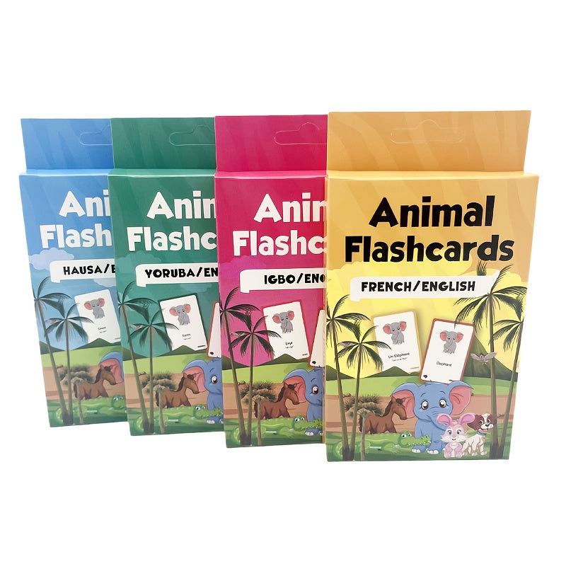 Educational cards for children teaching African languages - covering body parts, animals, numbers and multiplication, country themes, made of durable paper material.