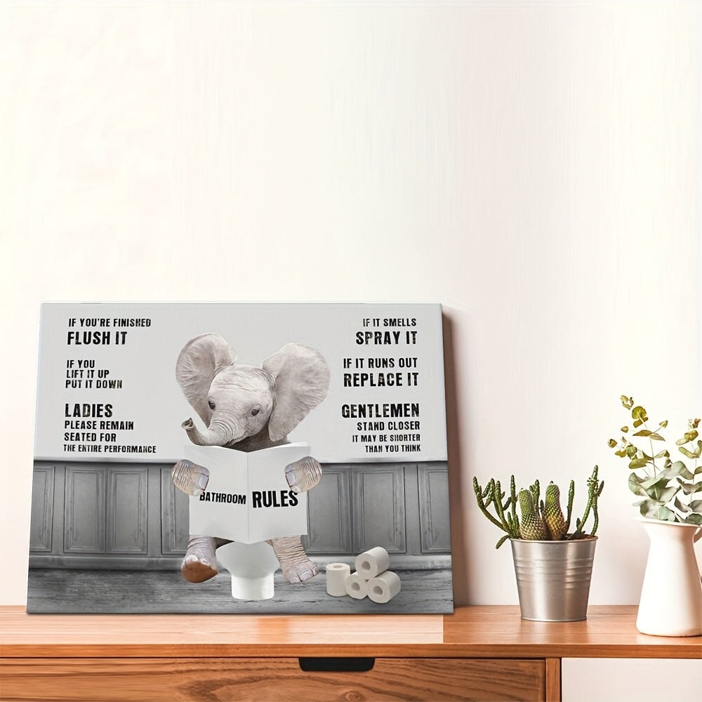 Elephant Bathroom Wall Art Funny Elephant Toilet Bathroom Picture Canvas Painting in Black and White. Perfect for Bathroom Rules Decor. Farmhouse Frame Artwork for an Interesting Touch in any Room - Bedroom, Kitchen, Living Room, Bathroom, Hotel, Coffee