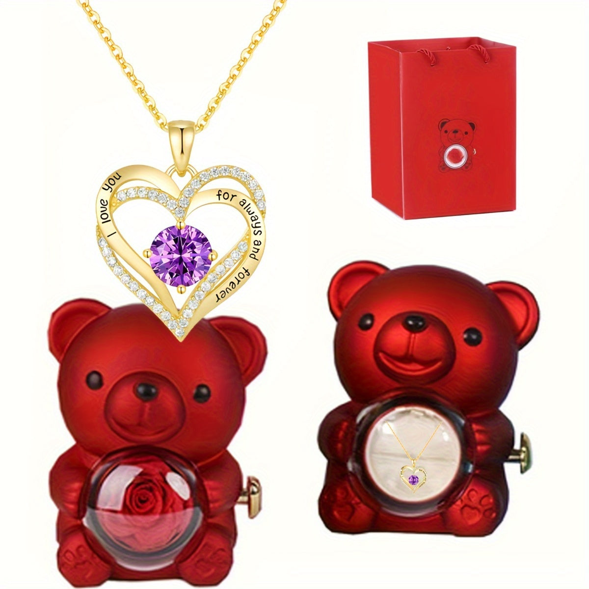 Exquisite Bear Pendant Necklace with Rose Detail for Women, 18K Gold Plated, Featuring High-Quality Cubic Zirconia, December Birthstone, Ideal Present for Mother, Partner, Sibling, or Grandparent, Suitable for Thanksgiving, Valentine's Day, Birthdays