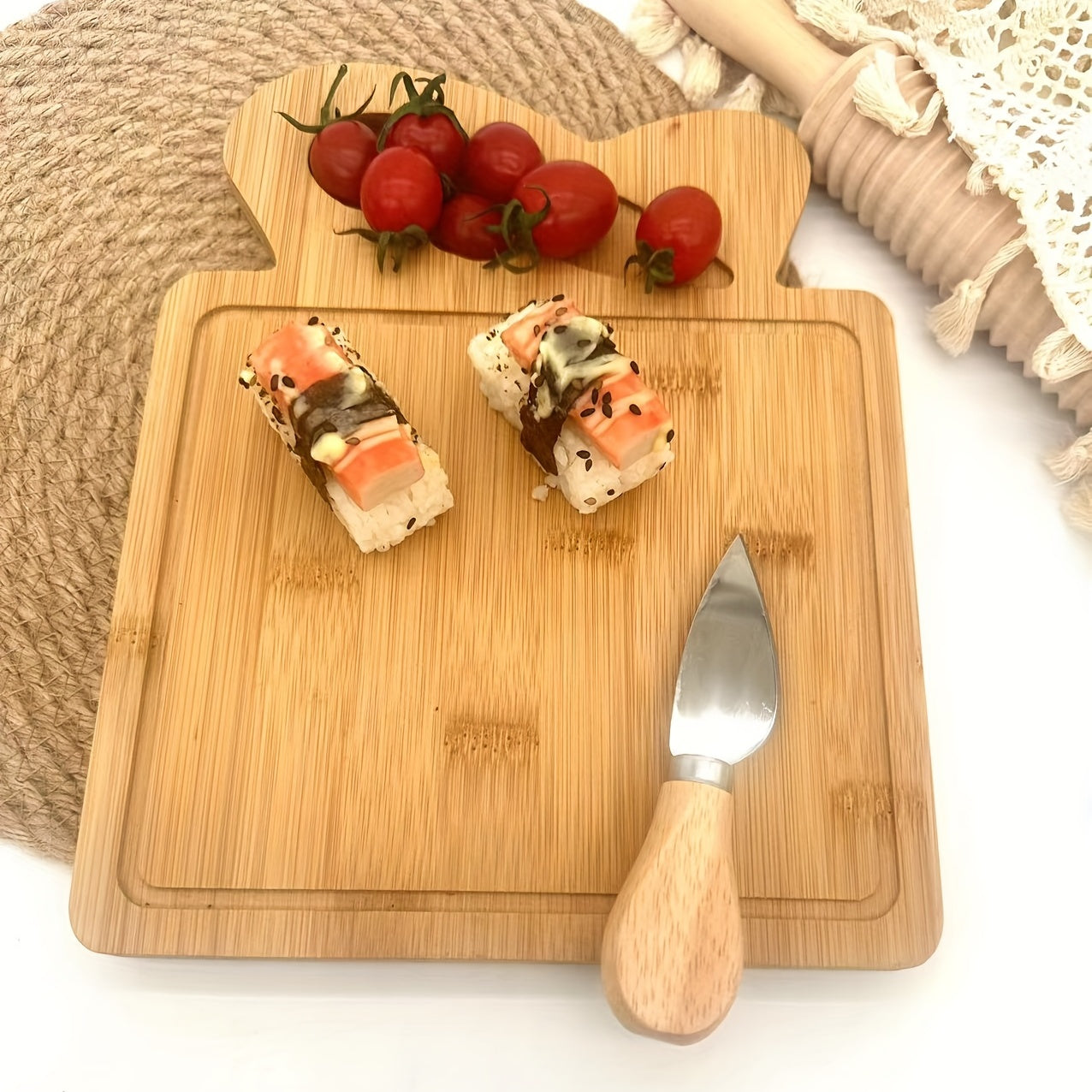 Premium bamboo cutting board and cheese cutter set for slicing fruits, cheese, and butter - Great gift for Father's Day and Mother's Day.