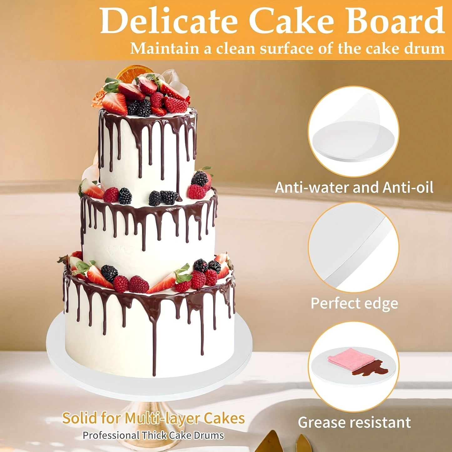 Two pack of 12-inch cake boards, each 1/2 inch thick round cake drum made of sturdy corrugated cardboard. Ideal for decorating and supporting multi-layer cakes. Get your cake decorating supplies now!