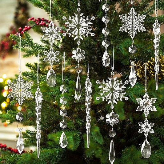 Set of 20 modern acrylic snowflake and icicle ornaments for Christmas tree decoration, perfect for holiday and winter festivities. Festive hanging charms without feathers.