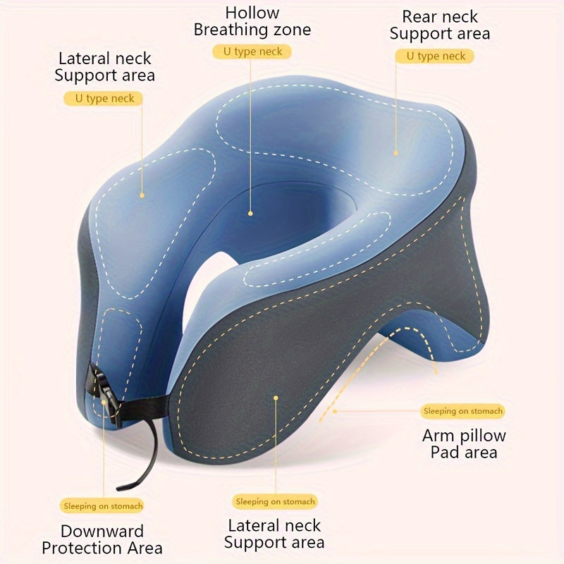 Memory Foam Core U-Shaped Pillow for Travel, Camping, and Office Use, Provides Neck and Cervical Support. Can be used on Airplanes, Cars, and at Home. Great for Face-Down Sleeping.