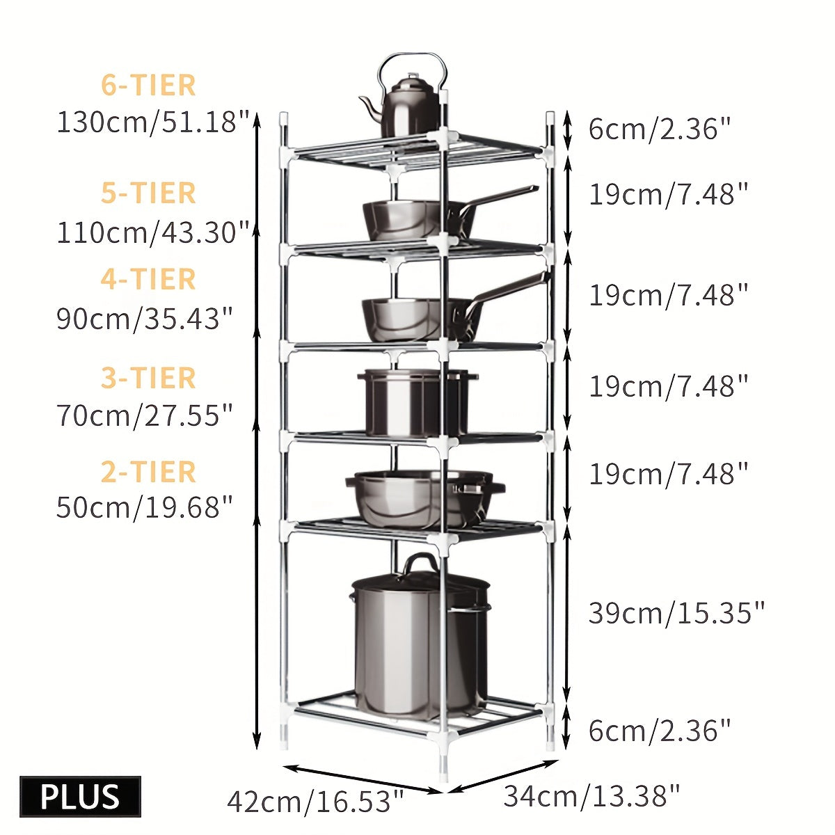 Multi-tier stainless steel storage shelf, ideal for organizing kitchen, bathroom, balcony, and rest room. Perfect for storing cookware, tableware, oven, microwave oven, and basin.