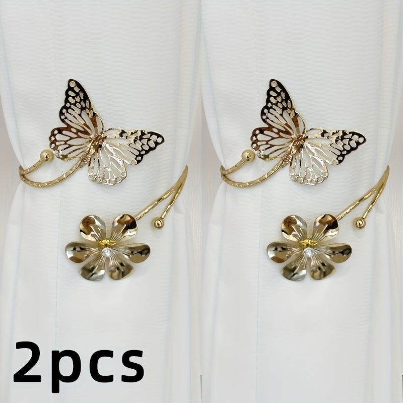 Set of 2 Elegant Butterfly and Floral Design Curtain Tiebacks - Sleek Metal Holdbacks featuring Intricate Cut-Out Patterns for Bedroom and Living Room Decor, Stylish and Minimalist Holdbacks with Floral Pattern