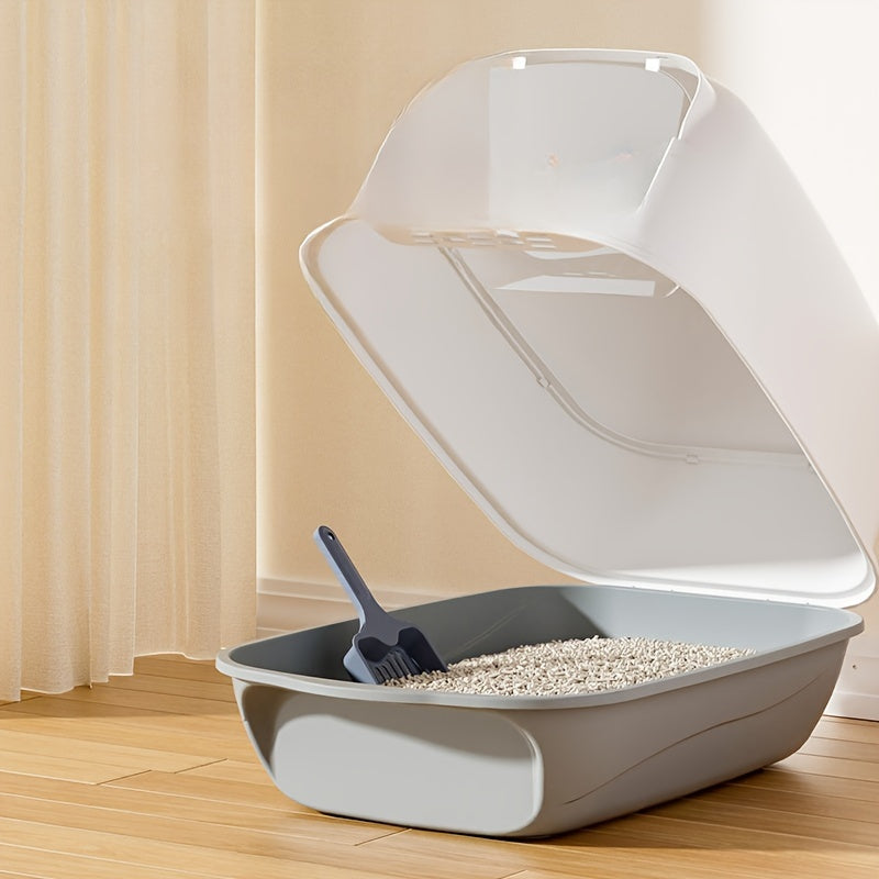 Enclosed cat litter box with integrated scoop, leak-proof and odor-control, ideal for small to medium cats - white & gray, 45.21cm W x 35.0cm D.