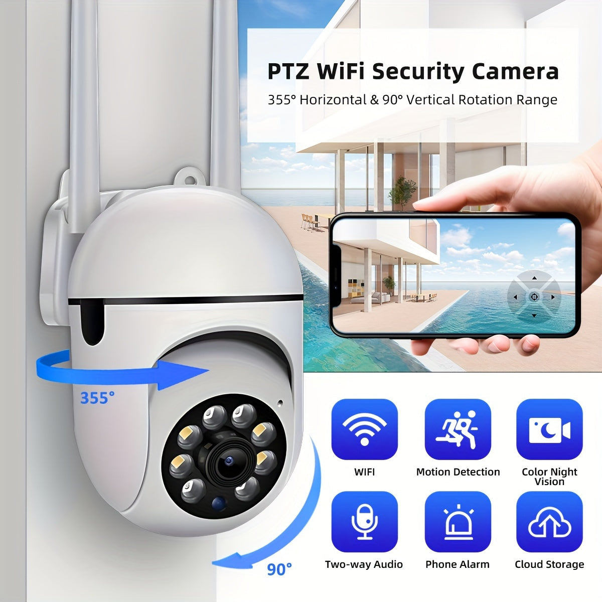 Introducing the Smart WiFi Security Camera - Experience crystal-clear 1440P HD video, PTZ with Auto-Tracking, Day/Night Vision, and Motion Detection Alert. Perfect for indoor/outdoor use, this camera is equipped with 2.4GHz Wi-Fi connectivity and a Smart