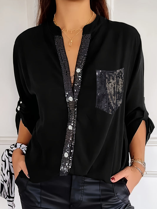 Women's 1pc Elegant Sequin Embellished Stand Collar Long Sleeve Shirt, 95% Polyester 5% Spandex, Solid Color Woven Blouse for Spring/Fall