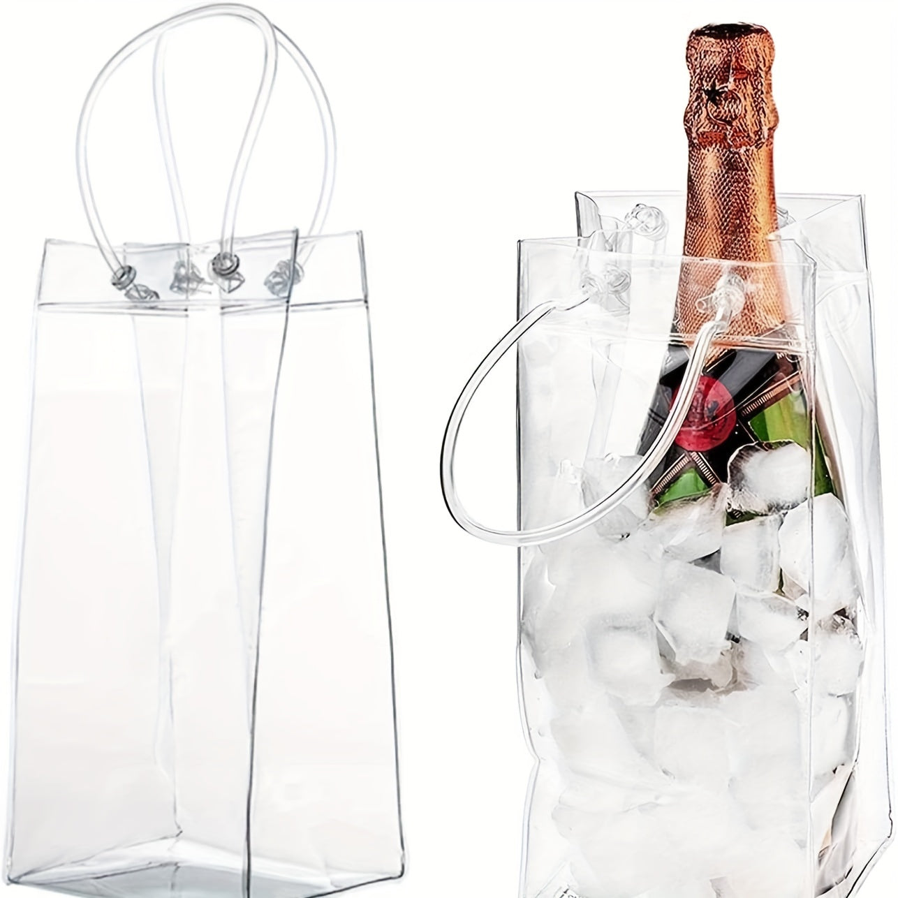 Portable ice bucket with PVC anti-leak ice bag, transparent and with handle for refrigerating red wine bottles and champagne.