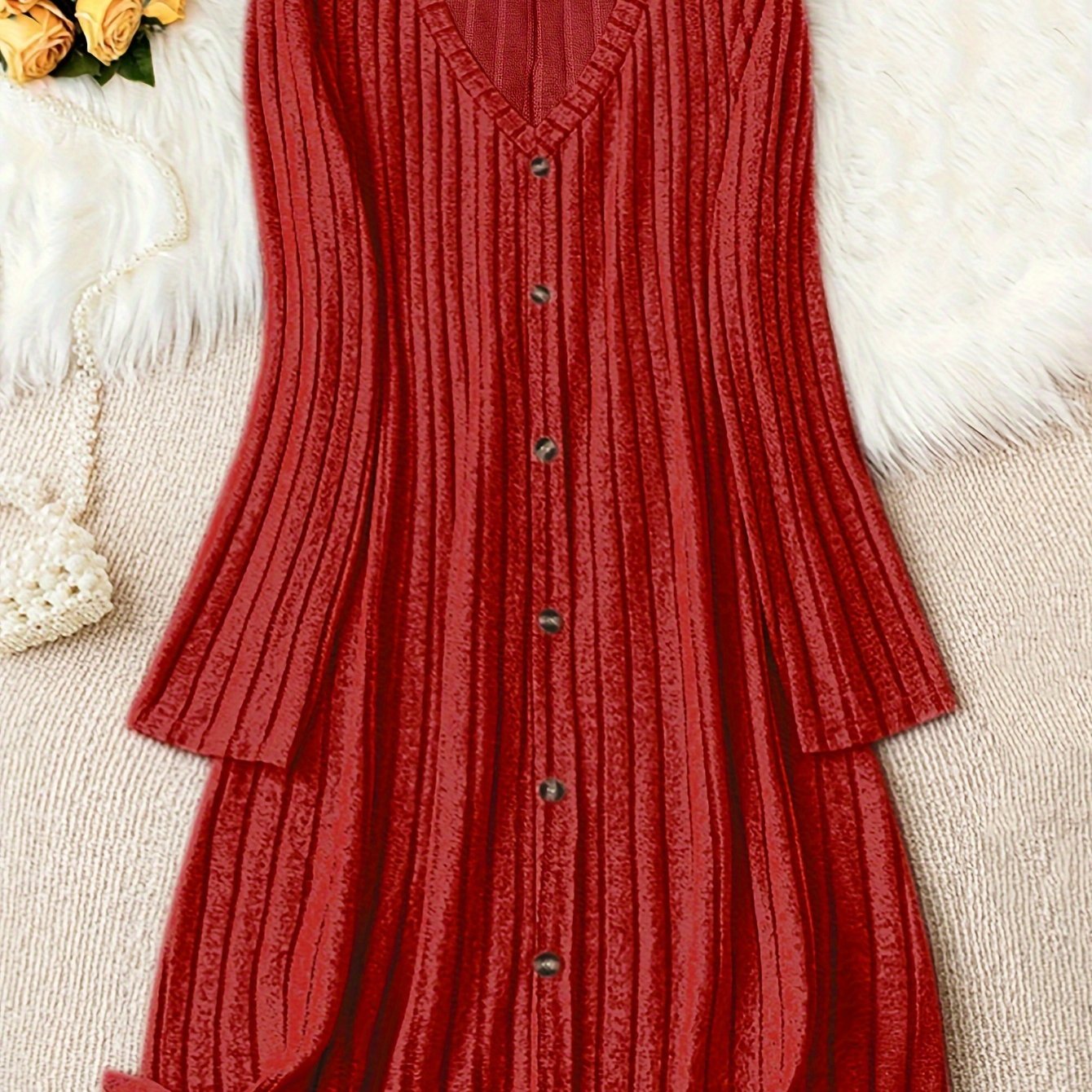 Plus size ribbed V-neck dress for fall & winter. Casual long sleeve with button front. Women's plus size clothing.