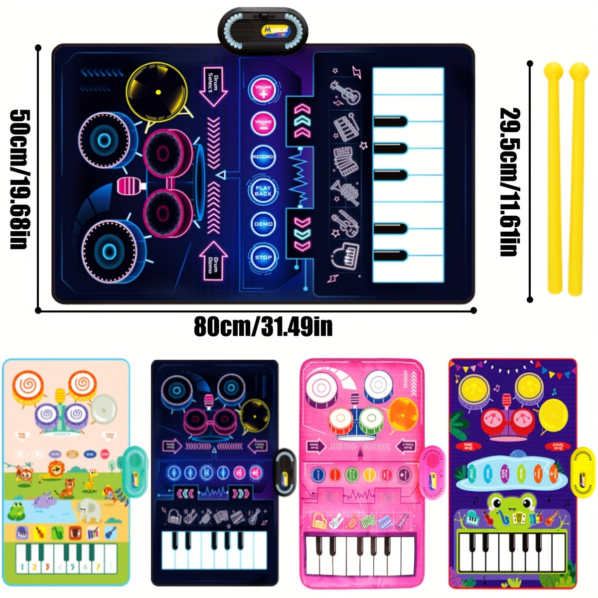 Interactive 2-in-1 Musical Play Mat & Drum Set for Youngsters - Educational Piano Keyboard Toy with Colorful Sound, Dual Instruments, Durable Polyester, Battery Operated, Random Colors