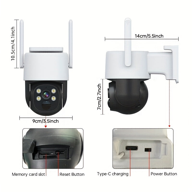 The 2K solar-powered outdoor security camera is a wireless device with pan/tilt capabilities, 1440P HD resolution, PIR motion detection, two-way audio, cloud and SD card support, color night vision, and IP65 waterproof rating.