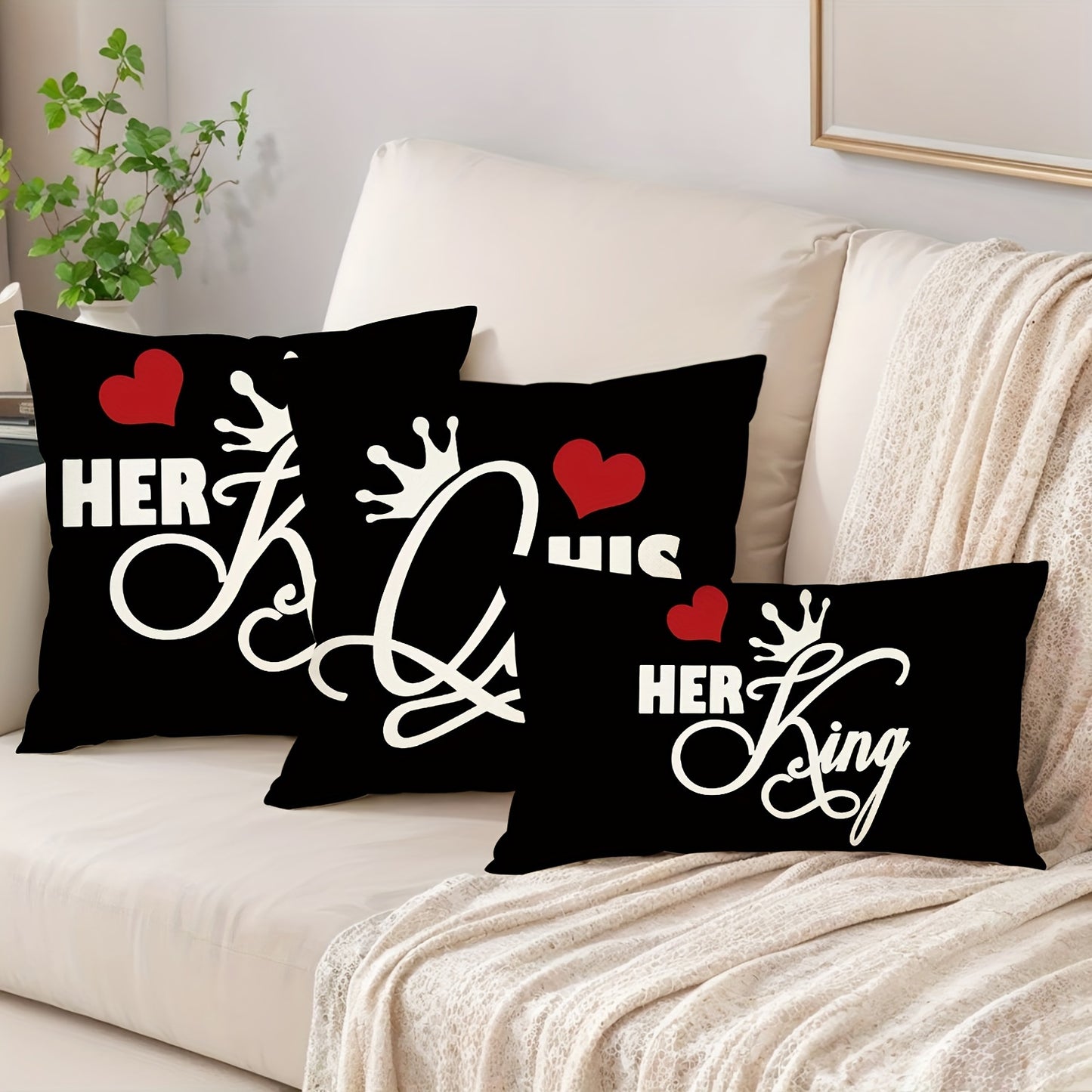 2pcs Lovers Theme Throw Pillow Covers featuring Hearts and Crowns print, 45.72cm x 45.72cm. Ideal gifts for wedding anniversary home decor. Suitable for porch, patio, couch, sofa, living room, or outdoor use. Pillow inserts not included.