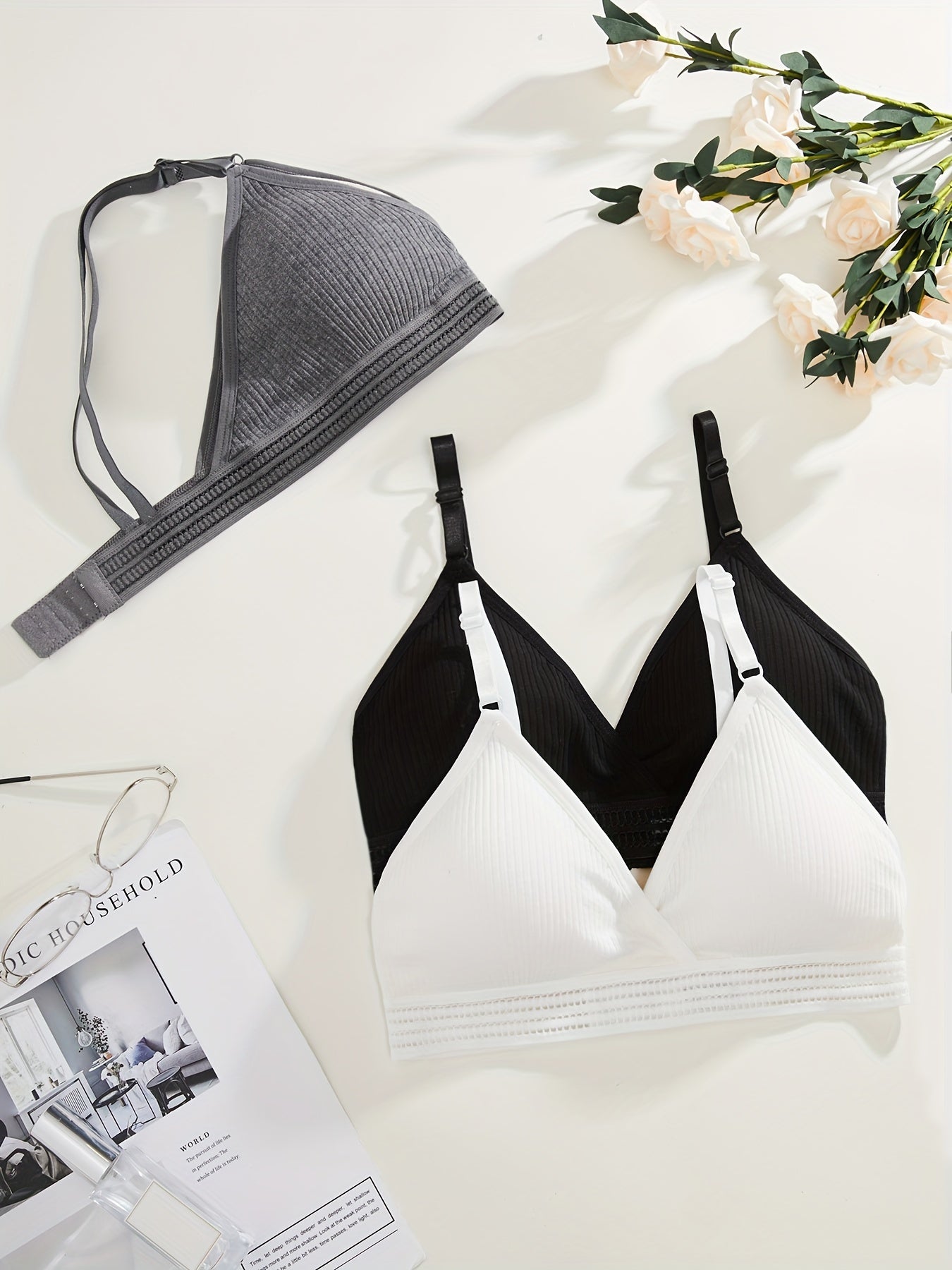 Soft, versatile bra set with removable pads and ribbed texture in black, white, and gray. Perfect for everyday comfort wear.