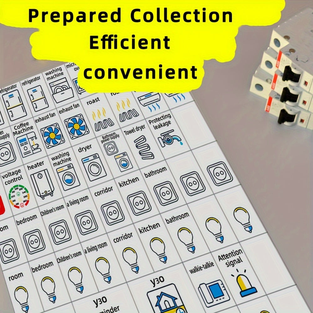 57-piece set of electrical panel label stickers for easy identification of circuit breakers and reminders.