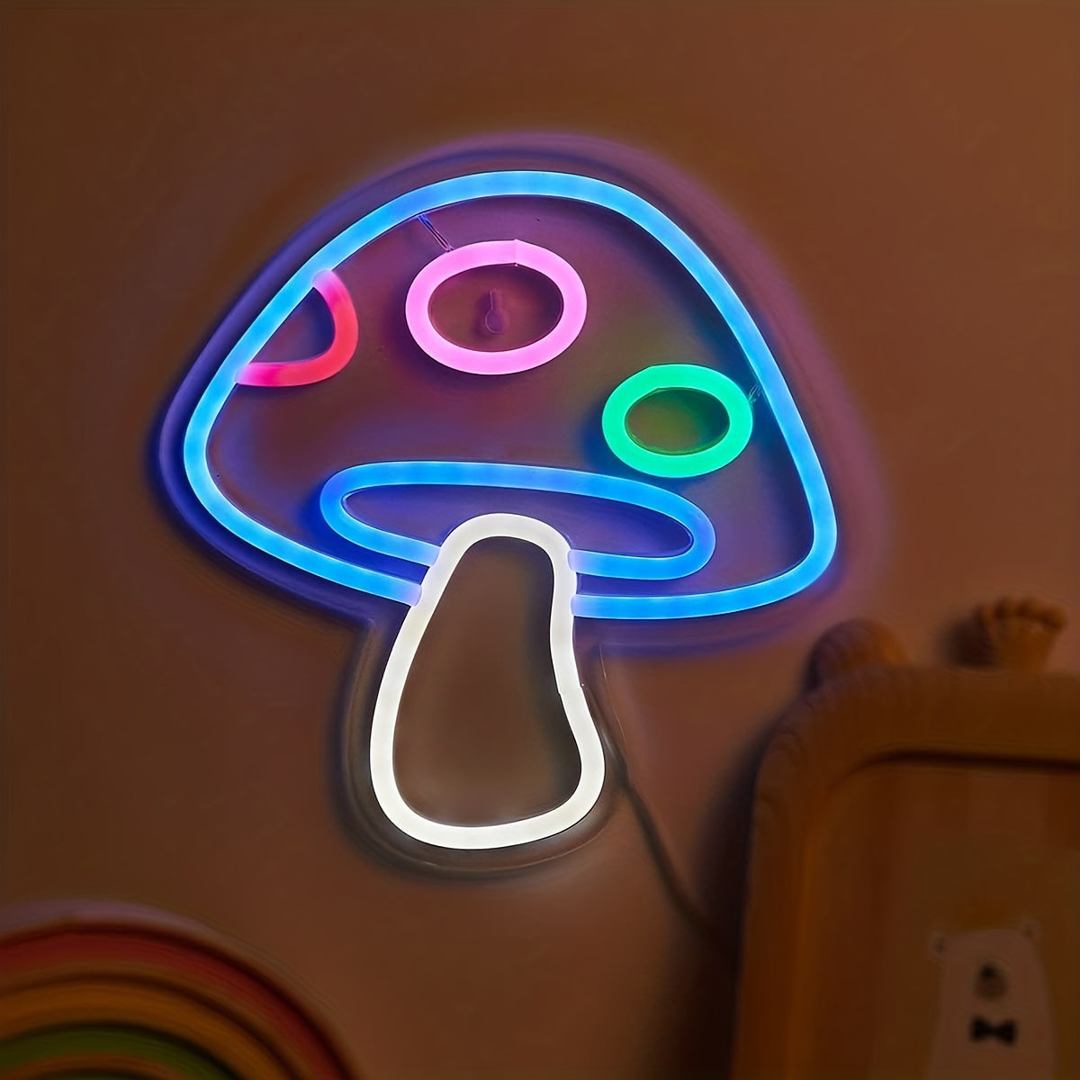 USB-powered LED neon mushroom sign for game room or bedroom decor.