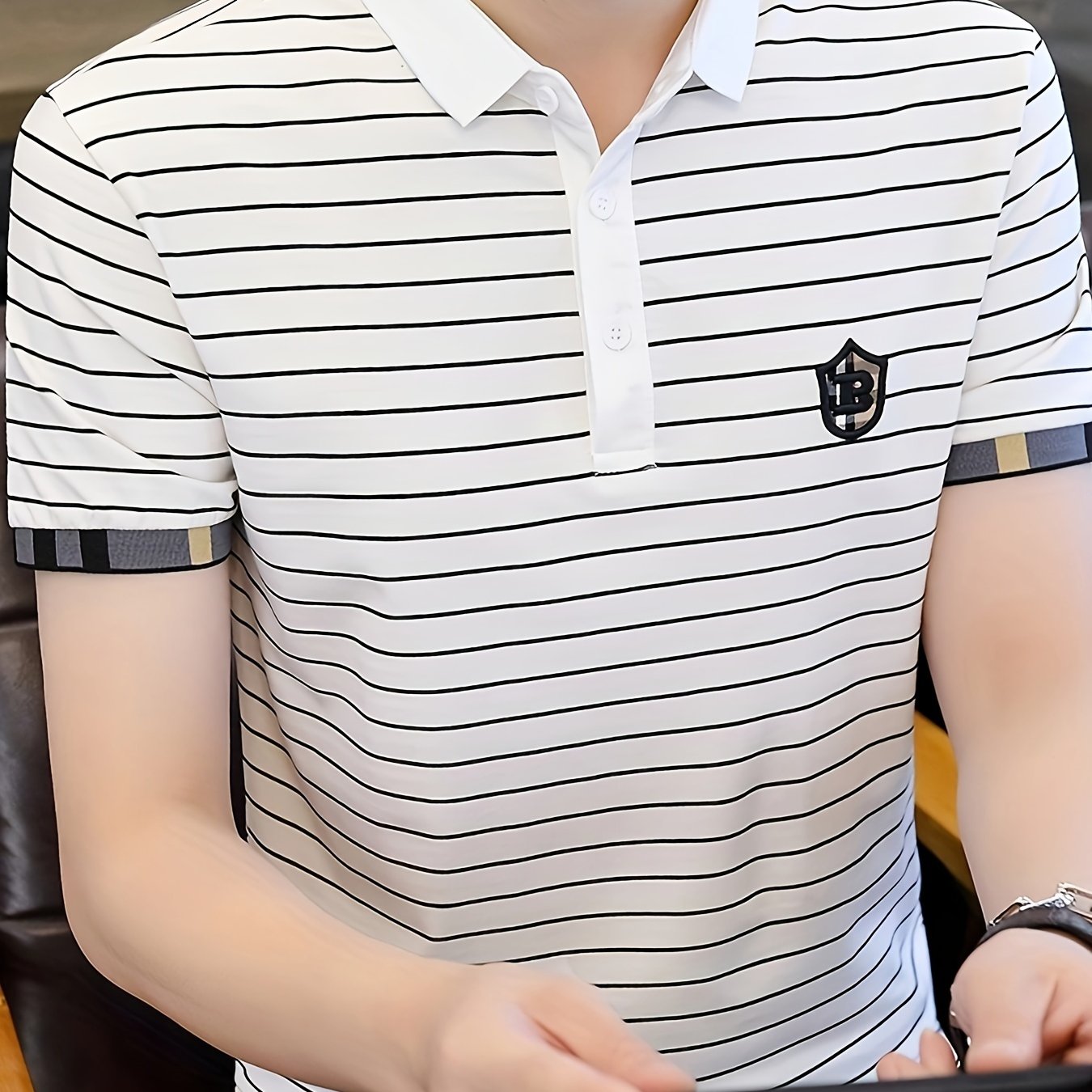 Men's Striped Golf Shirt with B Embroidery and Graphic Print, Casual Lapel Shirt for Summer Outdoor Activities