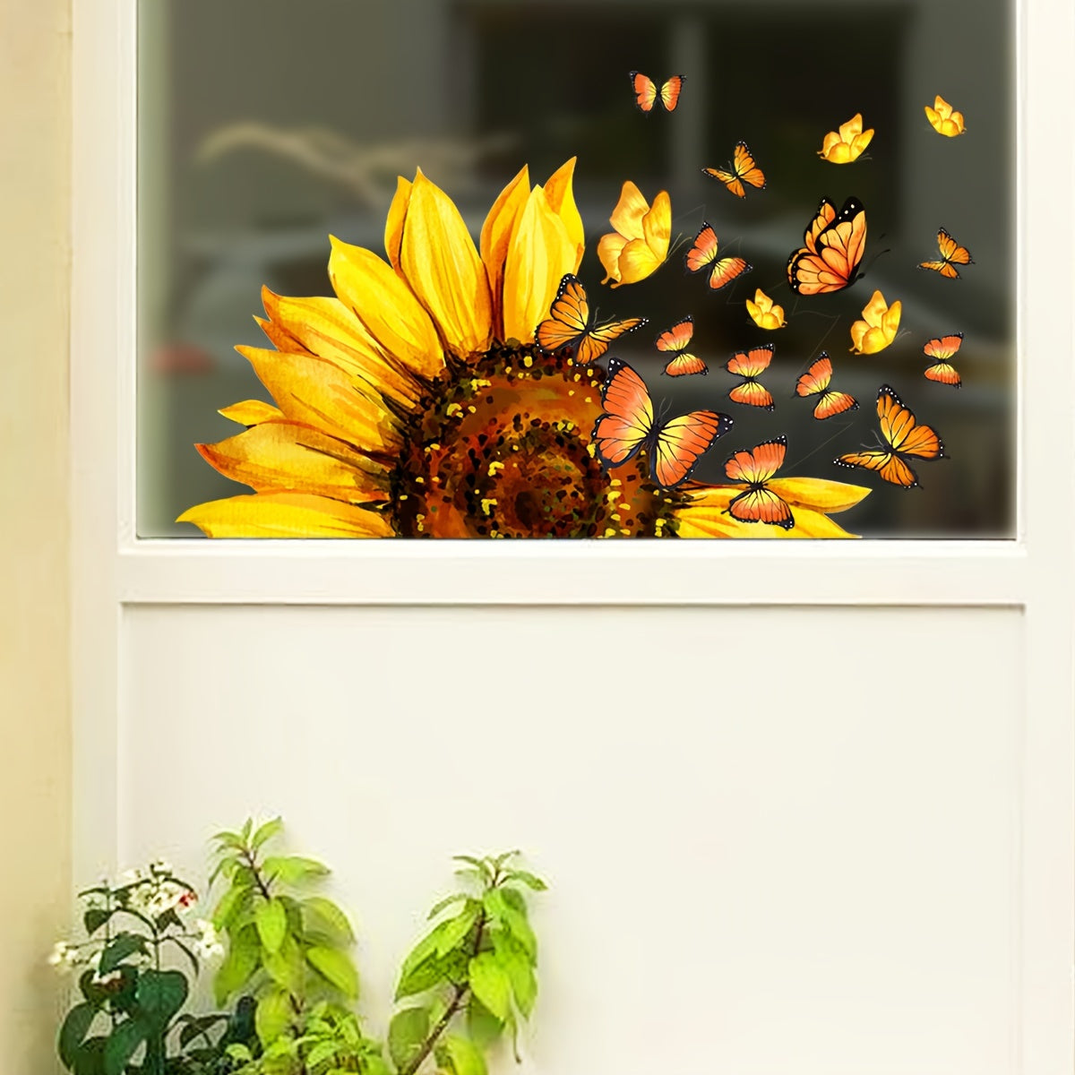 Double-Sided Window Decal featuring a Vibrant Sunflower and Butterfly Design - Made from Reusable PVC Sticker, 5mil Thick, Ideal for Bedroom and Study Glass Windows, Contemporary Floral Pattern, Adds a Butterfly Room Decor Touch.