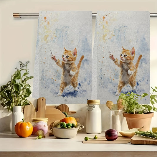 Two Ultra Soft Kitchen Towels featuring Playful Kitten & Laser Pointer Design, made from Highly Absorbent Polyester. Machine Washable, measuring 40.64x60.96 cm - Perfect for Holiday Decor and as Dish Hand Towels.