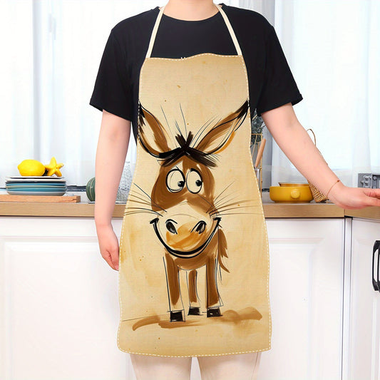 High-quality linen apron for adults, featuring a sleeveless design, smooth texture, and a charming donkey illustration. Ideal for cooking and baking at home.