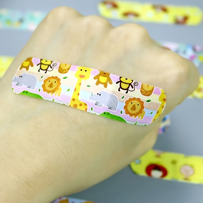 120 cute cartoon animal bandages for kids and adults. Hypoallergenic, waterproof PE patches with fun designs. Ideal for home emergencies.