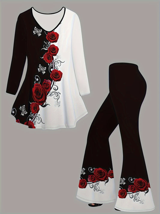 2-piece Rose Print Outfit: V Neck Flare T-shirt & High Waist Flare Leg Pants for Women