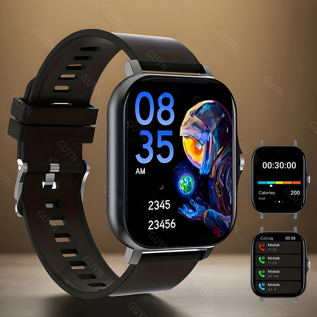 Smart watch with HD display, sports modes, notifications, weather forecast, borderless design, wireless calling, and USB charging. Ideal gift for both men and women, compatible with Android