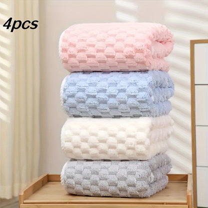 4pc Waffle Weave Towel Set with Microfiber, Quick-Dry, Soft, Durable, 85% Polyester, 15% Nylon - Contemporary Geometric-Pattern Oblong Towels & Wash Cloths