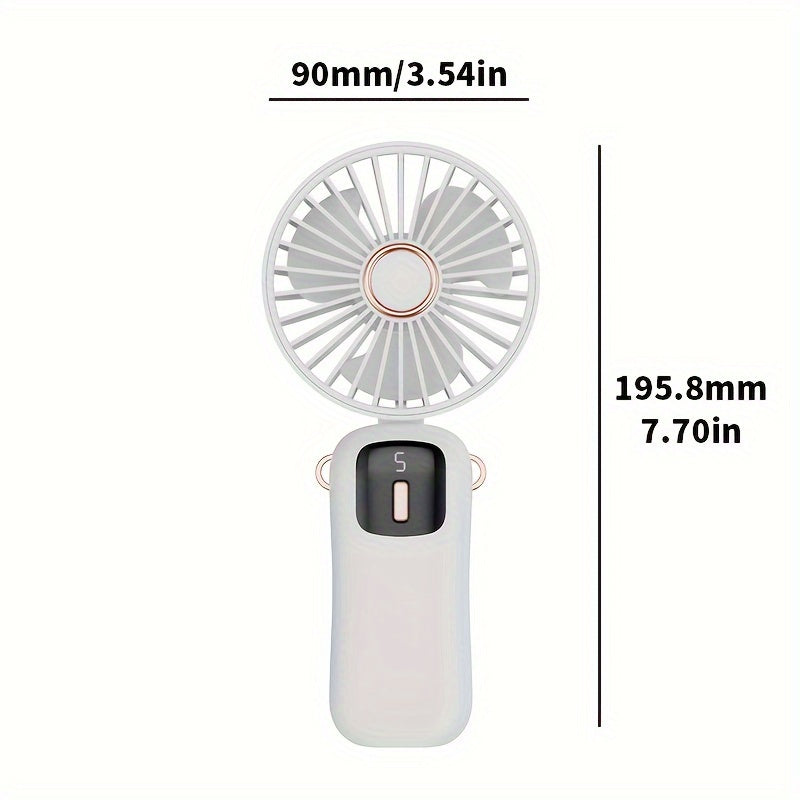 1 Piece of Portable Handheld Fan with LED Display, Foldable 90° Table Fan, 5 Speeds, Rechargeable Lithium Battery, USB Charging, Suitable for Indoor and Outdoor Use.