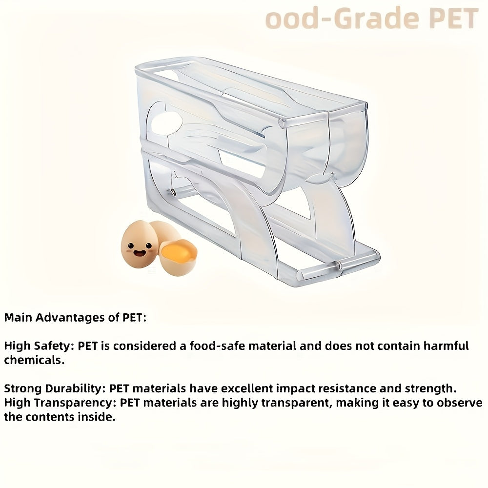 3-Tier automatic rolling egg holder for fridge made of transparent plastic. Features sliding dispenser for easy access and freshness preservation. Fits standard eggs, no batteries required.