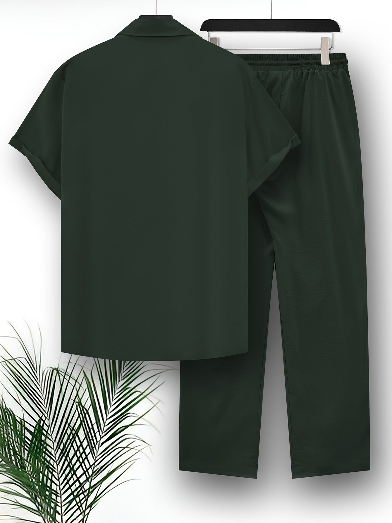 Summer outdoor outfit set for plus size men, featuring solid shirt and pants.